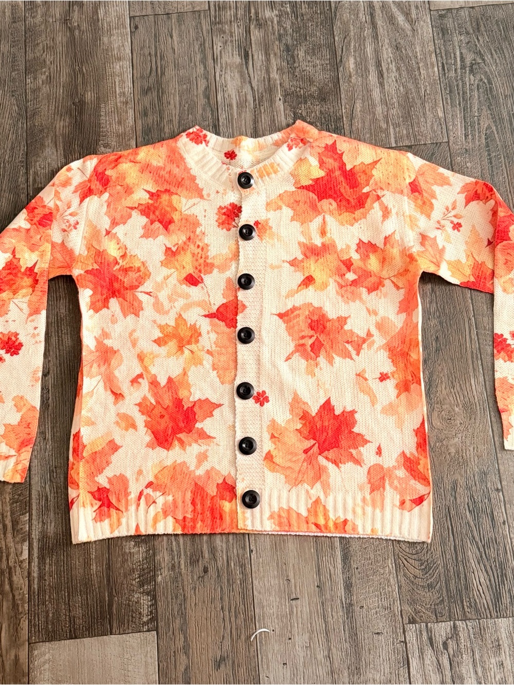 Women’s Cream Cardigan Sweater with Orange Leaf Print